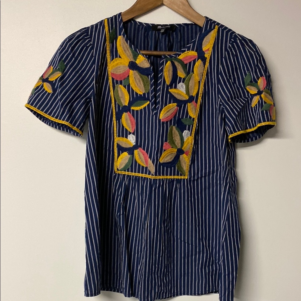 MADEWELL Blue Puff Sleeve Blouse with Bib Collar & Beautiful Embroidery